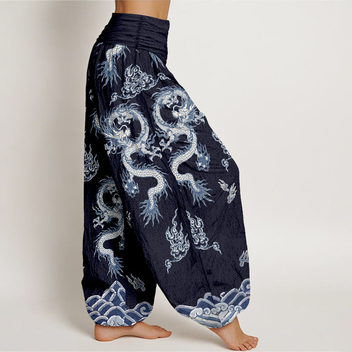 Buddha Stones Harembroek voor dames met elastische Taille en draken- en wolkenpatroon van 100% Cotton - image 10