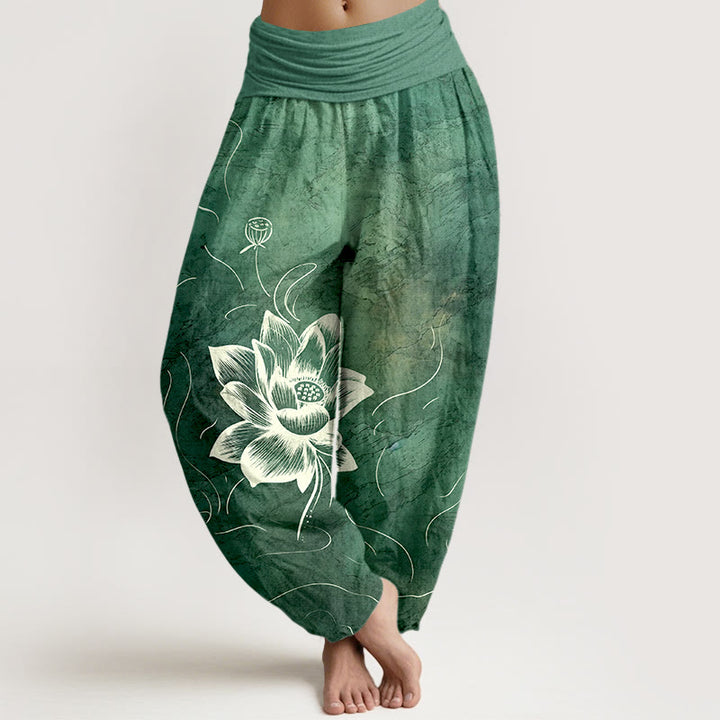 Buddha Stones Harembroek voor dames met elastische Taille en lotusbloemmotief , 100% Cotton. - Zeegroen - US16, UK/AU20, EU48 (3XL) - image 0