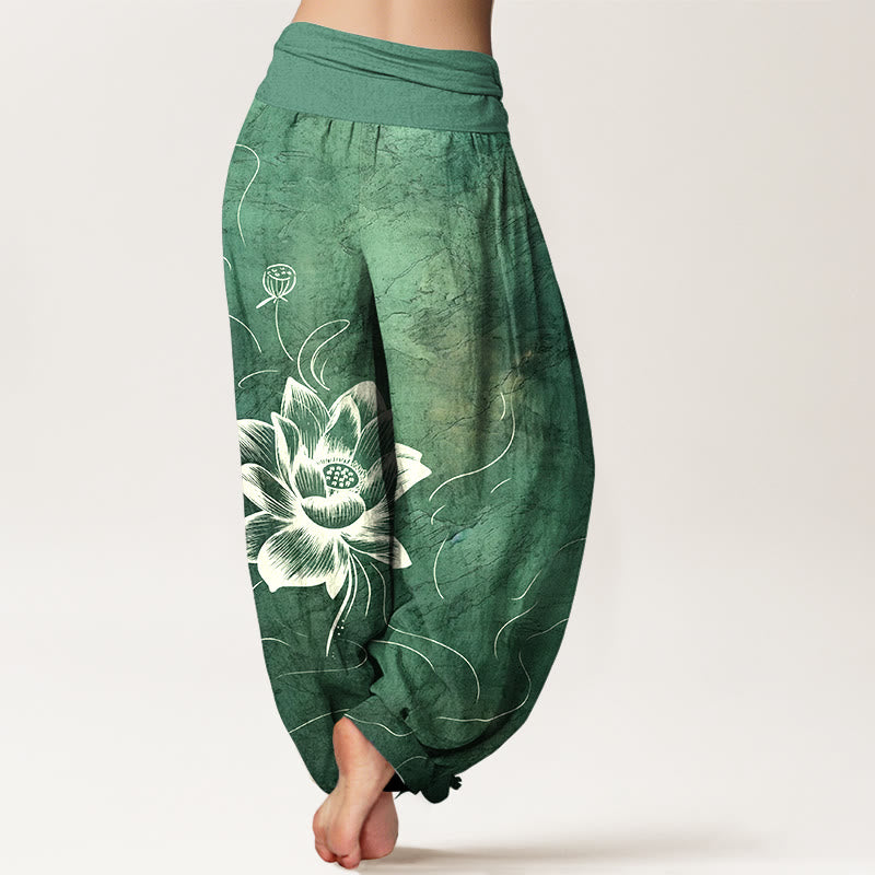 Buddha Stones Harembroek voor dames met elastische Taille en lotusbloemmotief , 100% Cotton. - image 1