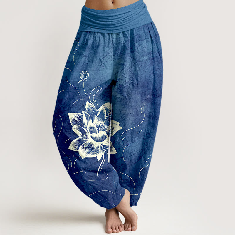 Buddha Stones Harembroek voor dames met elastische Taille en lotusbloemmotief , 100% Cotton. - Koningsblauw - US16, UK/AU20, EU48 (3XL) - image 5