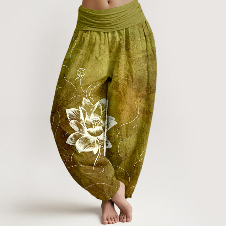 Buddha Stones Harembroek voor dames met elastische Taille en lotusbloemmotief , 100% Cotton. - Donkergoudenroede - US16, UK/AU20, EU48 (3XL) - image 8