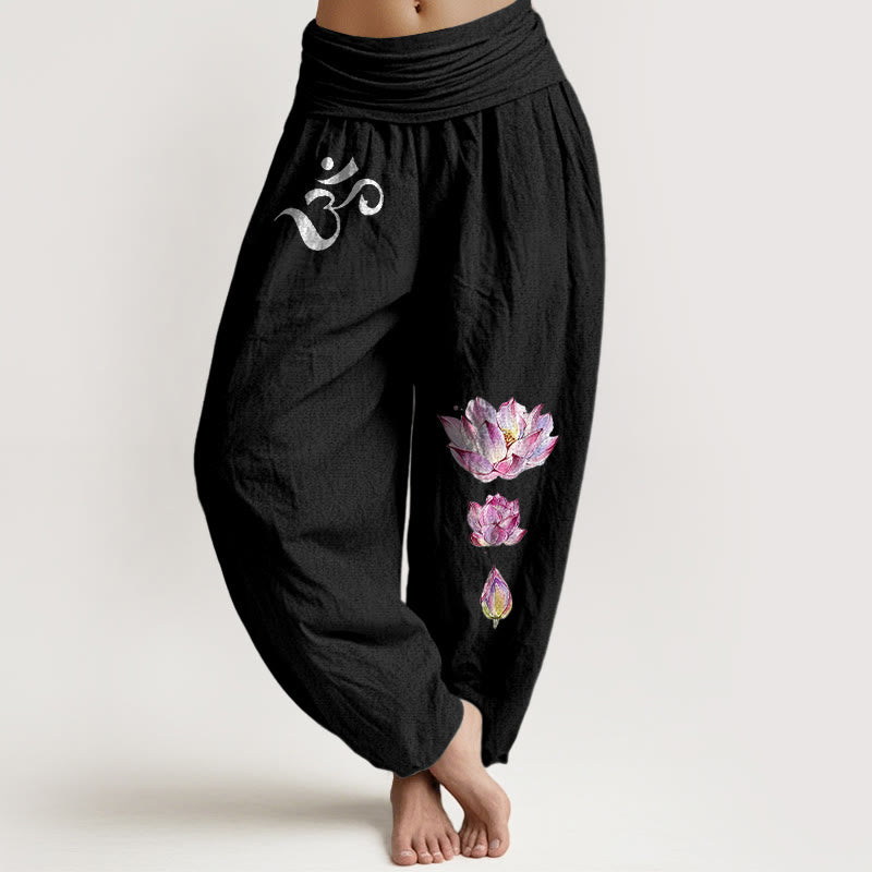 Buddha Stones Damesbroek van 100% Cotton met elastische Taille en patroon van bloeiende lotusbloemen en het Om-symbool. - Zwart - US16, UK/AU20, EU48 (3XL) - image 0