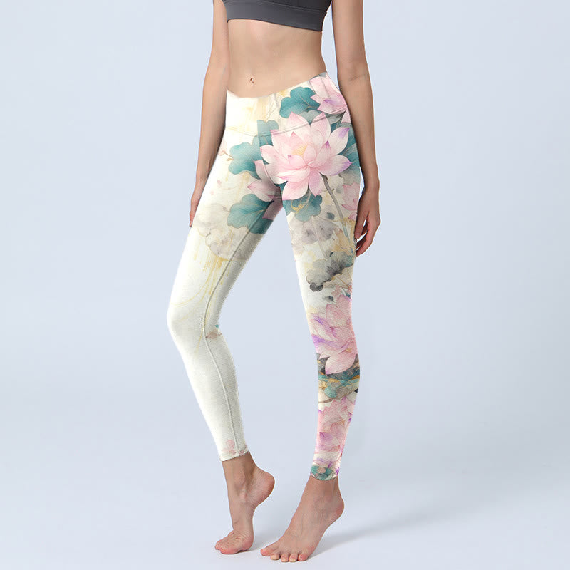 Buddha Stones Leggings met lotusbloemblaadjesprint voor de sportschool, yogabroek voor dames - GhostWhite - US18, UK/AU22, EU50 (4XL) - image 0