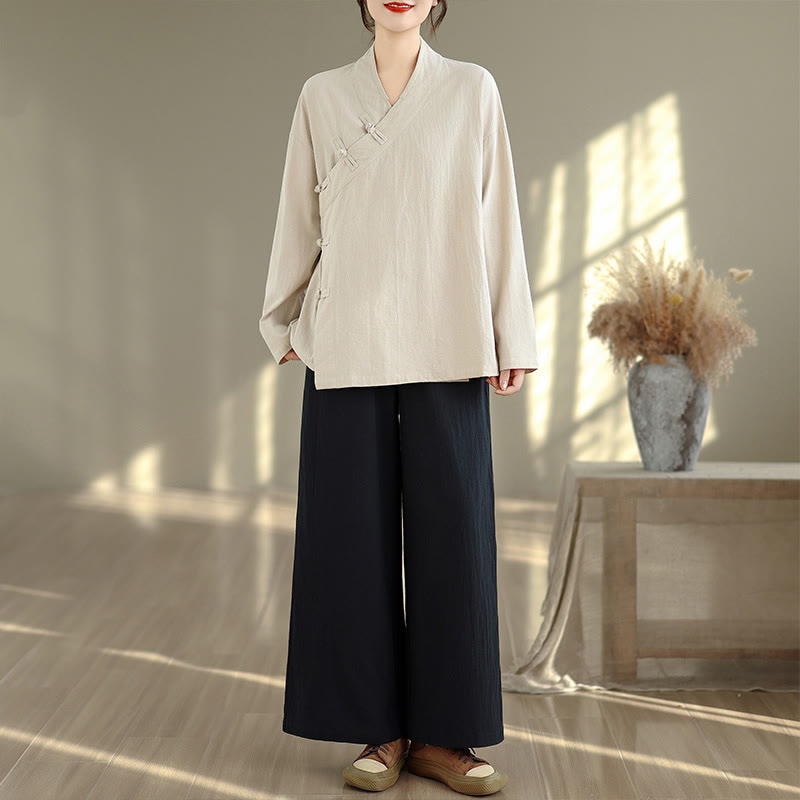 Buddha Stones 2-delige set voor dames: shirt met V-hals en Lange mouw mouwen, wijde pijpen en zenmeditatie-look. - Beige shirt en zwarte broek - US8-10，UK/AU12-14，EU40-42 (2XL) - image 0