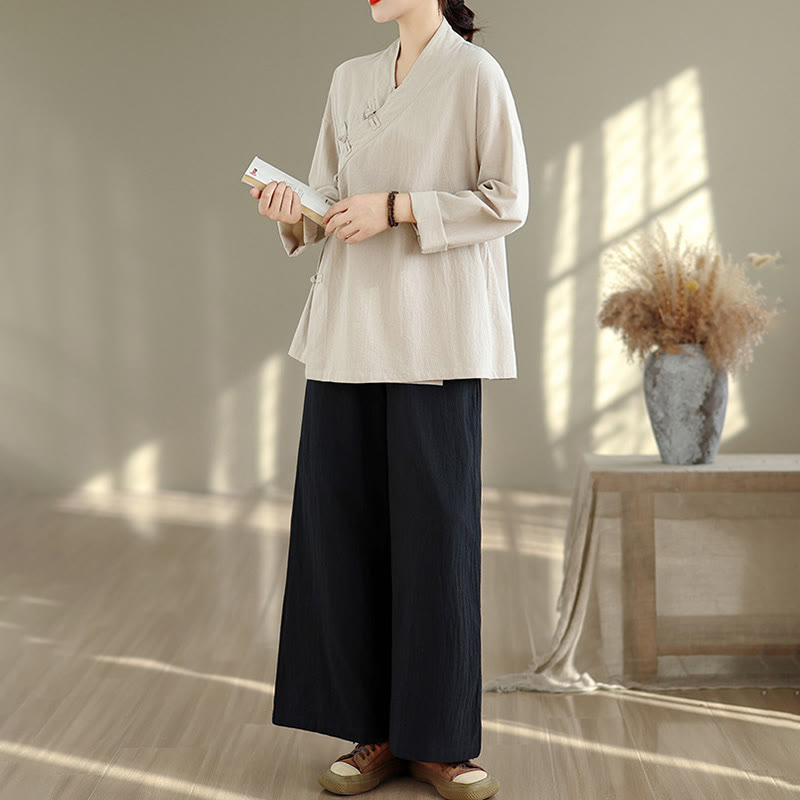 Buddha Stones 2-delige set voor dames: shirt met V-hals en Lange mouw mouwen, wijde pijpen en zenmeditatie-look. - image 1