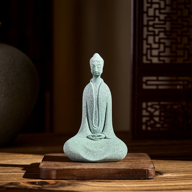 Buddha Stones Meditatie Boeddhabeeldje van zandsteen, decoratie voor thuis of op het bureau, 6 x 4,5 x 9,5 cm - image 1