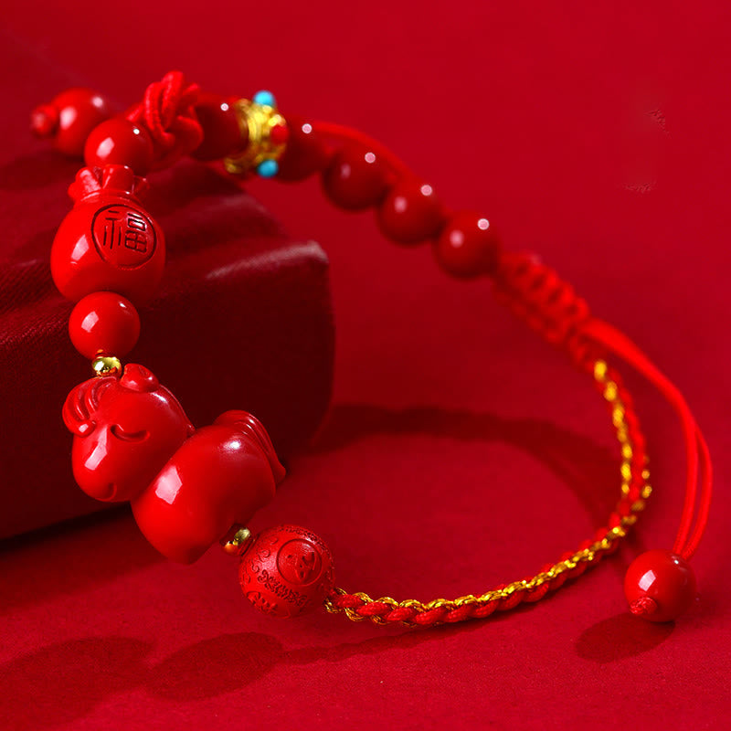 Buddha Stones Armband met Fu-karakter, geïnspireerd op het Jaar van het Paard (natuurlijke cinnaber). - Cinnaber (Polsomtrek 14-18 cm) - image 0