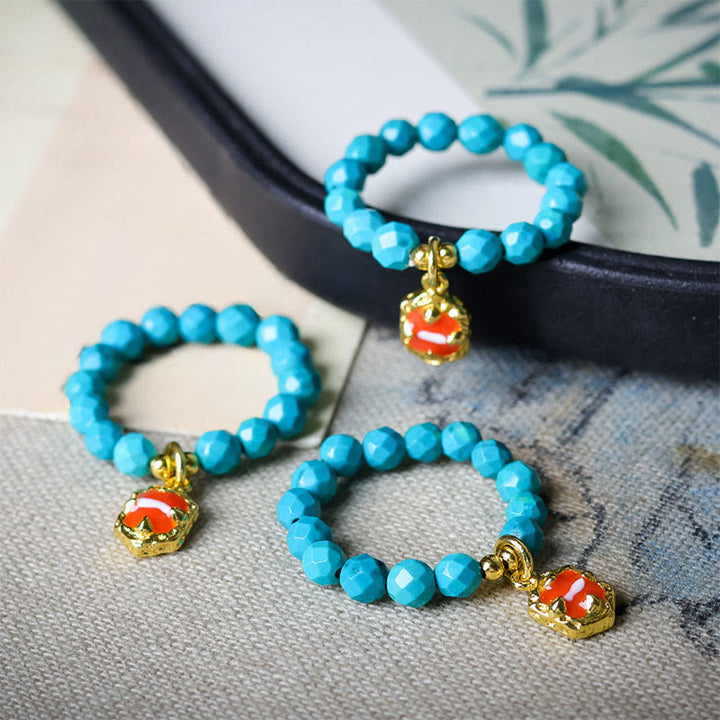 Buddha Stones 4 mm ultrafijne turkooizen facetkraal met ontwerp en elastische Ring voor extra stevigheid. - image 5