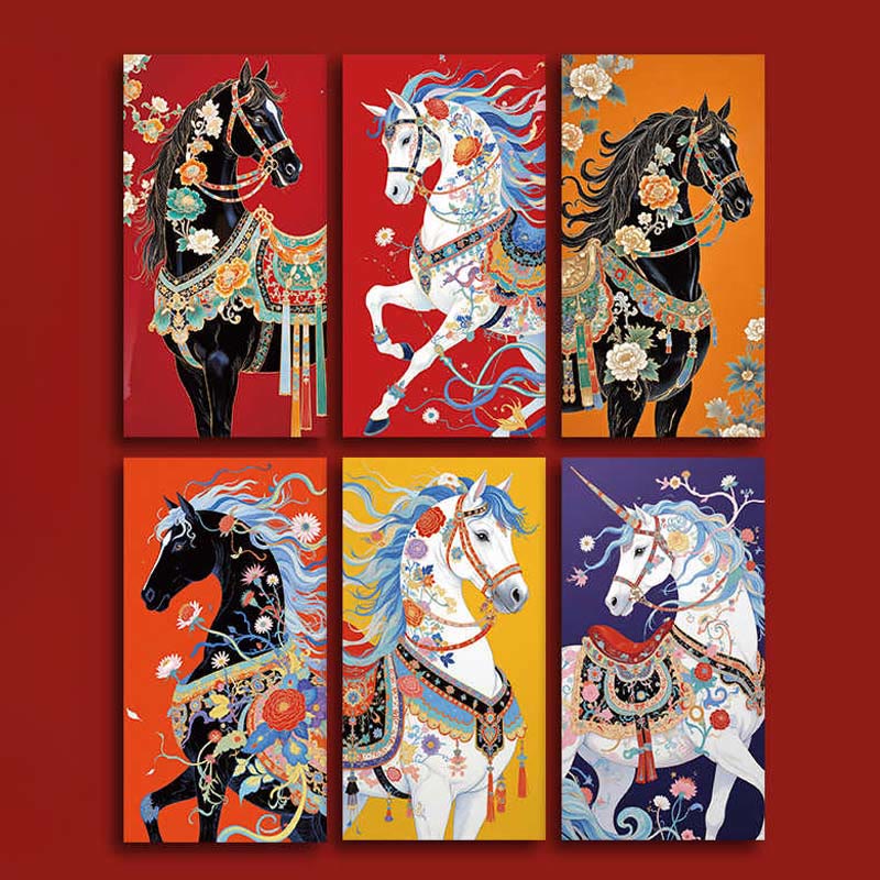 Buddha Stones 6 kleurrijke Chinese rode enveloppen Jaar van het Paard 2026 Nieuwjaar - 6 stuks Chinese rode enveloppen (16,8*8,8 cm) - image 1