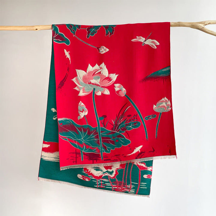 Buddha Stones Herfst Lotus Koi Vis Libellen Patroon Gezellige Sjaal (groot) - Rood - 180*65 cm - image 3