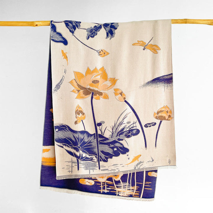 Buddha Stones Herfst Lotus Koi Vis Libellen Patroon Gezellige Sjaal (groot) - Middenblauw - 180*65 cm - image 8