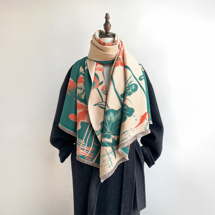 Buddha Stones Herfst Lotus Koi Vis Libellen Patroon Gezellige Sjaal (groot) - Teal - 180*65 cm - image 0