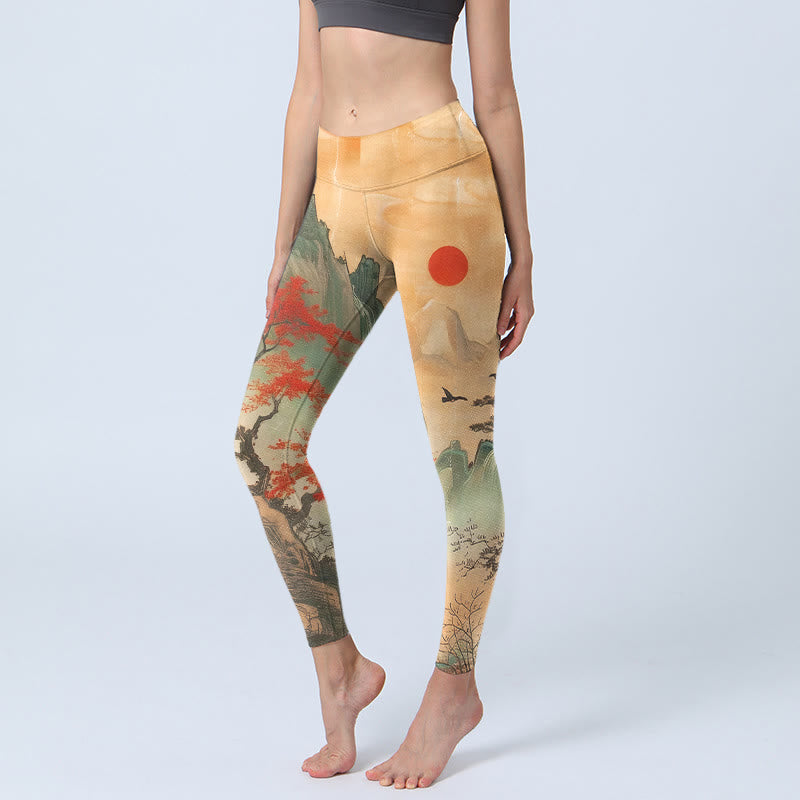 Buddha Stones Leggings met print van bergen, bomen en opkomende zon, geschikt voor de sportschool of als yogabroek voor dames. - SandyBrown - US18, UK/AU22, EU50 (4XL) - image 0