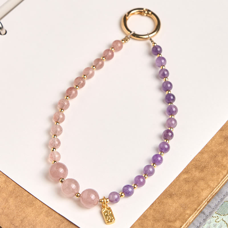 Buddha Stones Sleutelhanger met aardbeikwarts en amethist, die geluk en genezing brengt , en Telefoonhanger decoratie. - image 1