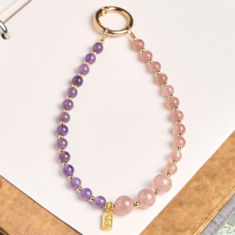 Buddha Stones Sleutelhanger met aardbeikwarts en amethist, die geluk en genezing brengt , en Telefoonhanger decoratie. - Aardbeikwarts (Genezing ♥ Positief) - image 0