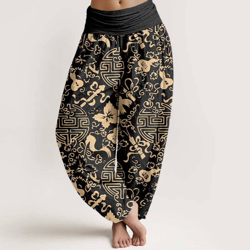 Buddha Stones Harembroek voor dames met elastische Taille en Chinees karakter, versierd met een 100% Cotton. - Zwart - US16, UK/AU20, EU48 (3XL) - image 0