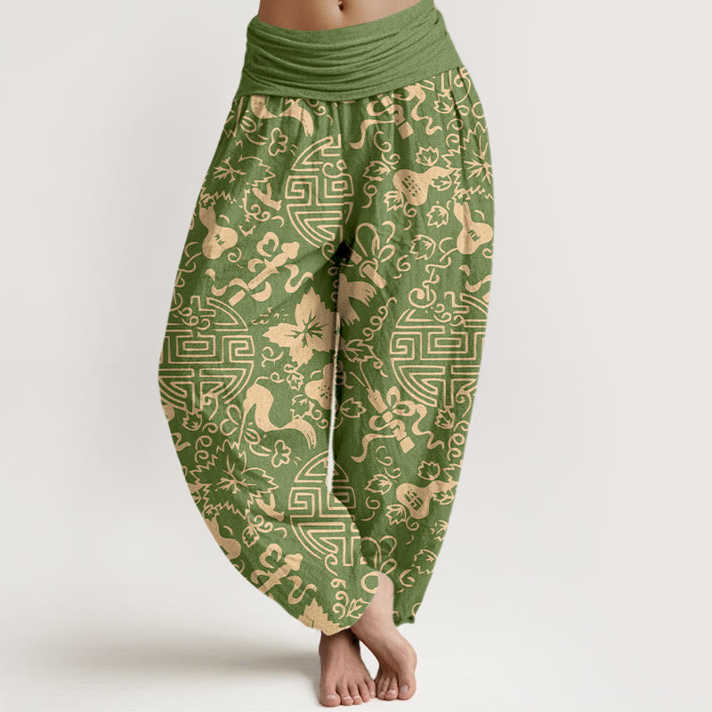 Buddha Stones Harembroek voor dames met elastische Taille en Chinees karakter, versierd met een 100% Cotton. - Geelgroen - US16, UK/AU20, EU48 (3XL) - image 5