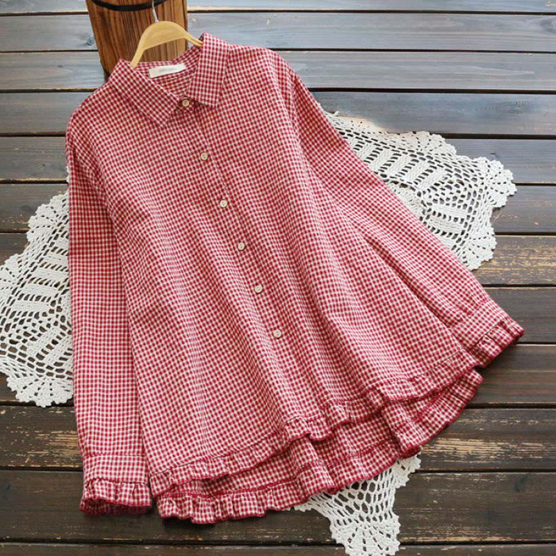 Buddha Stones Lente geruite damesblouse met ruches aan de zoom en Lange mouw , met knoopjes - Karmozijnrood - US16, UK/AU20, EU48 (4XL) - image 0