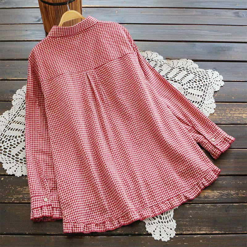 Buddha Stones Lente geruite damesblouse met ruches aan de zoom en Lange mouw , met knoopjes - image 1