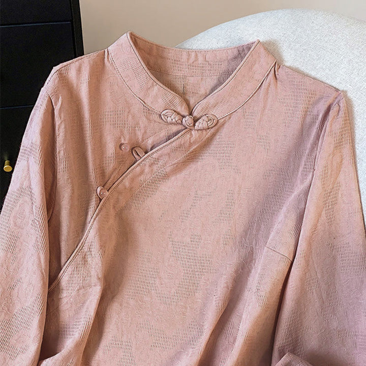 Buddha Stones Commute Jacquard Chinese Frog-Button Mandarin kraag Lange mouw Women&