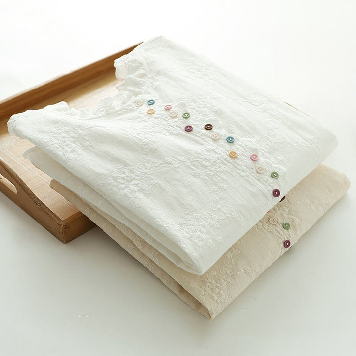 Buddha Stones Damesblouse met Lange mouw , gegolfde kraag, geborduurde bloemknopen en reliëfversiering. - image 15