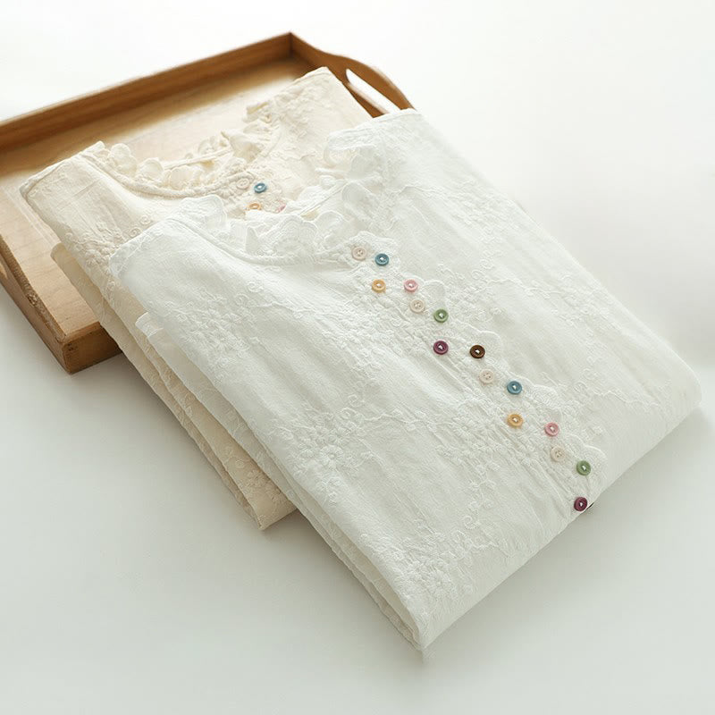 Buddha Stones Damesblouse met Lange mouw , gegolfde kraag, geborduurde bloemknopen en reliëfversiering. - image 14