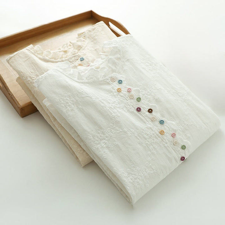 Buddha Stones Damesblouse met Lange mouw , gegolfde kraag, geborduurde bloemknopen en reliëfversiering. - image 14