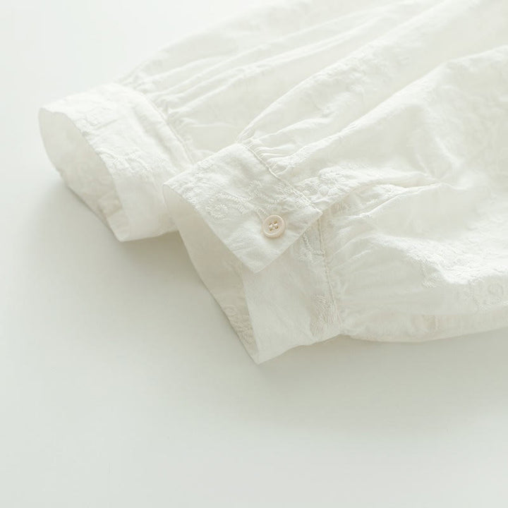 Buddha Stones Damesblouse met Lange mouw , gegolfde kraag, geborduurde bloemknopen en reliëfversiering. - image 8