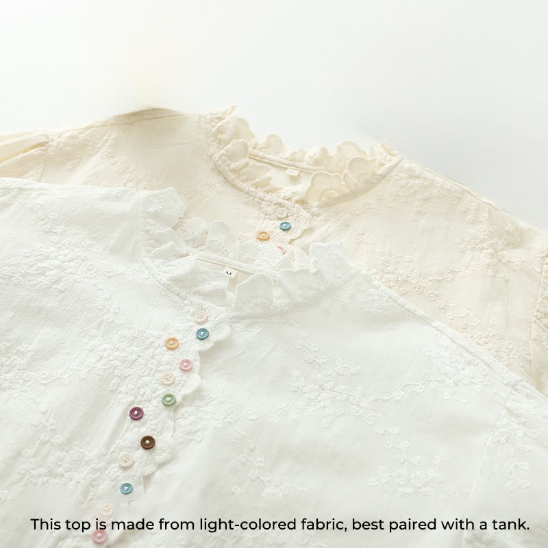 Buddha Stones Damesblouse met Lange mouw , gegolfde kraag, geborduurde bloemknopen en reliëfversiering. - image 4