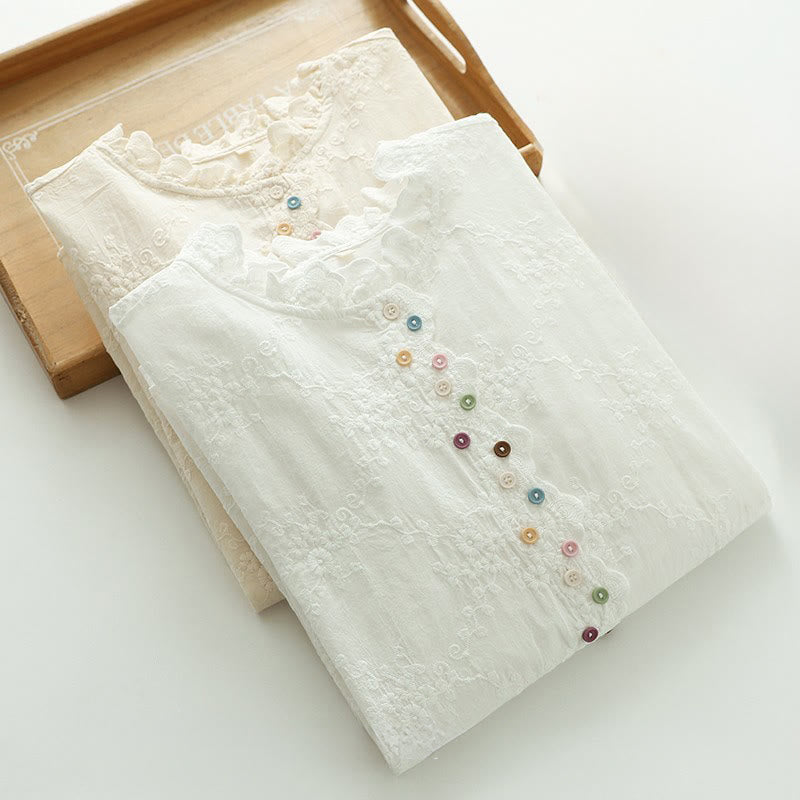 Buddha Stones Damesblouse met Lange mouw , gegolfde kraag, geborduurde bloemknopen en reliëfversiering. - image 13