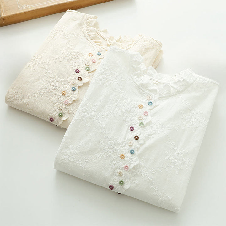 Buddha Stones Damesblouse met Lange mouw , gegolfde kraag, geborduurde bloemknopen en reliëfversiering. - image 12