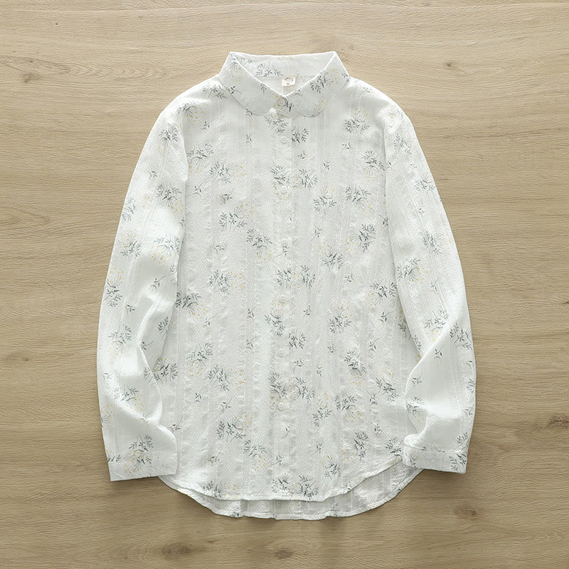 Buddha Stones Damesblouse met Lange mouw van katoen met herfstprint, witte en gele bloemen, groene bladeren en knoopjes. - Wit - US6, UK/AU10, EU38 (XL) - image 1