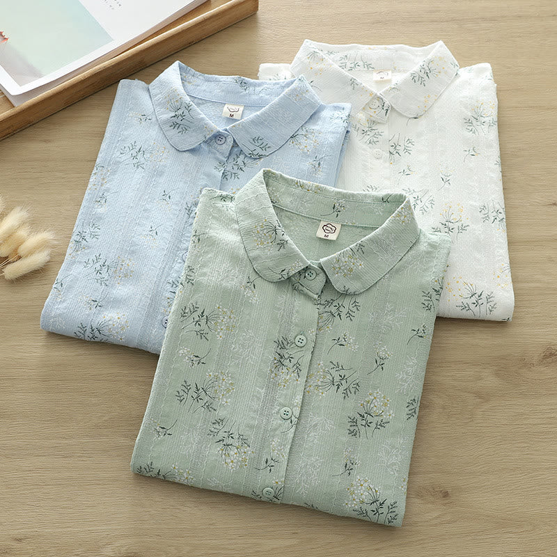 Buddha Stones Damesblouse met Lange mouw van katoen met herfstprint, witte en gele bloemen, groene bladeren en knoopjes. - image 0