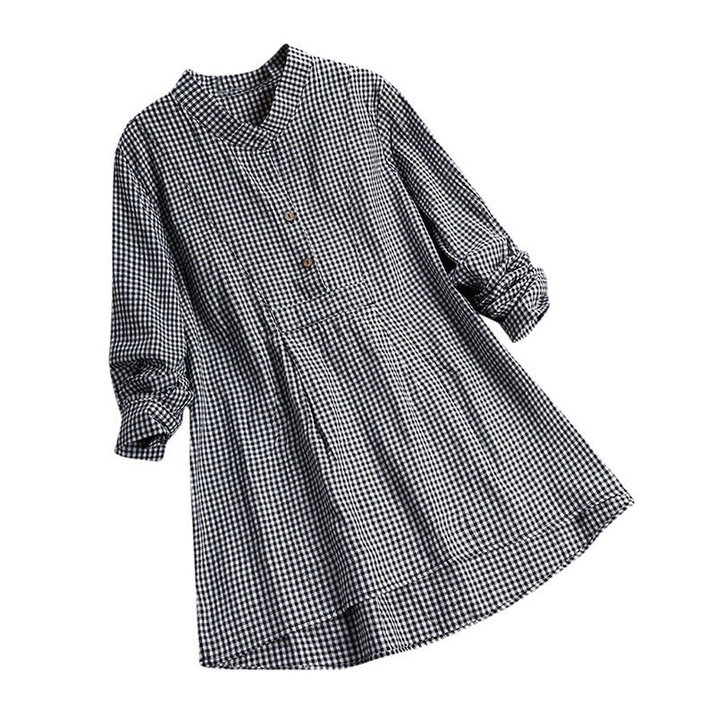 Buddha Stones Damesblouse met Lange mouw en knoopsluiting en ruitpatroon - Zwart - US16, UK/AU20, EU48 (5XL) - image 5