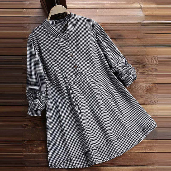 Buddha Stones Damesblouse met Lange mouw en knoopsluiting en ruitpatroon - image 6