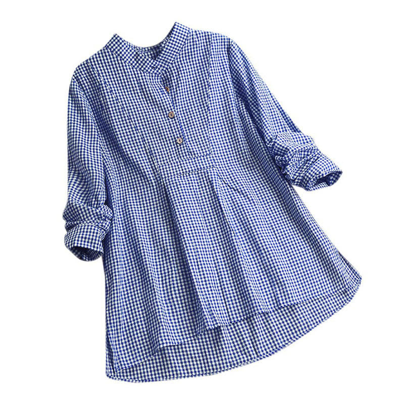 Buddha Stones Damesblouse met Lange mouw en knoopsluiting en ruitpatroon - Middenblauw - US16, UK/AU20, EU48 (5XL) - image 12