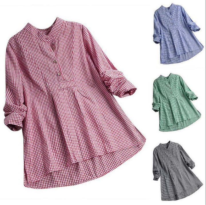 Buddha Stones Damesblouse met Lange mouw en knoopsluiting en ruitpatroon - image 17