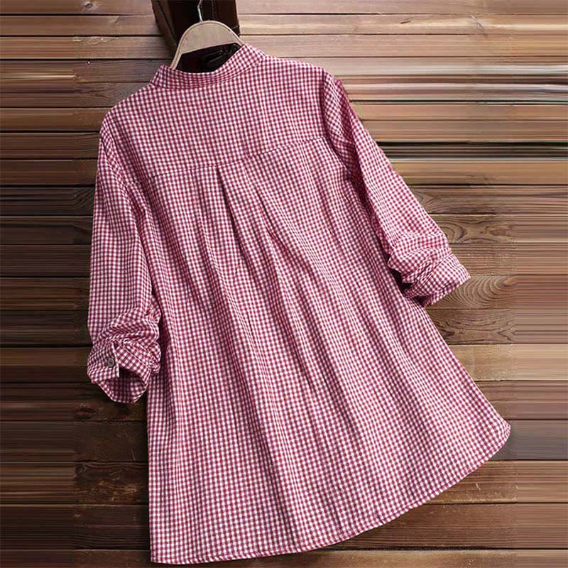 Buddha Stones Damesblouse met Lange mouw en knoopsluiting en ruitpatroon - image 3