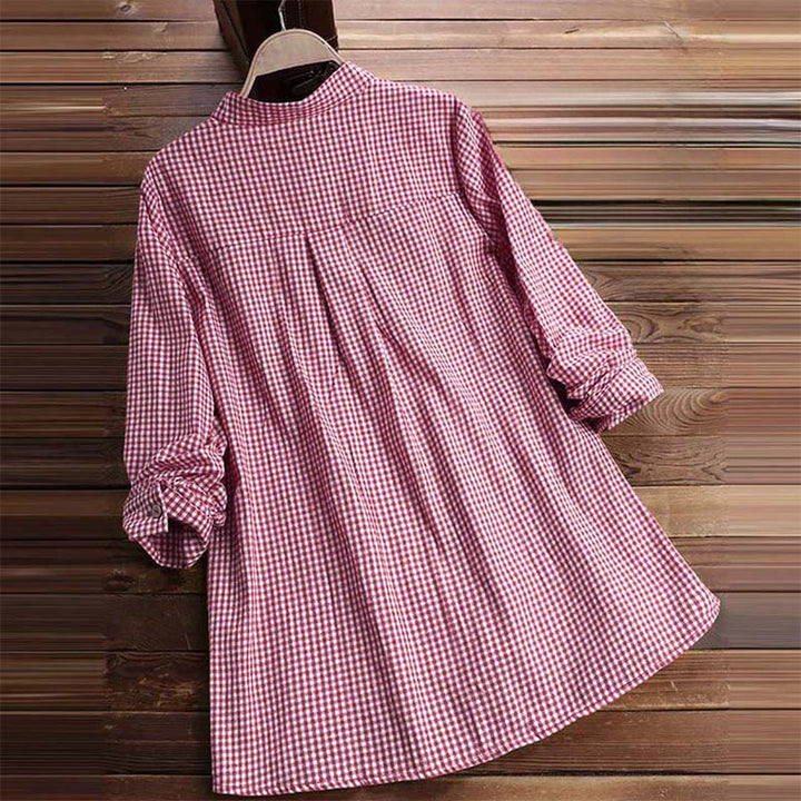 Buddha Stones Damesblouse met Lange mouw en knoopsluiting en ruitpatroon - image 3