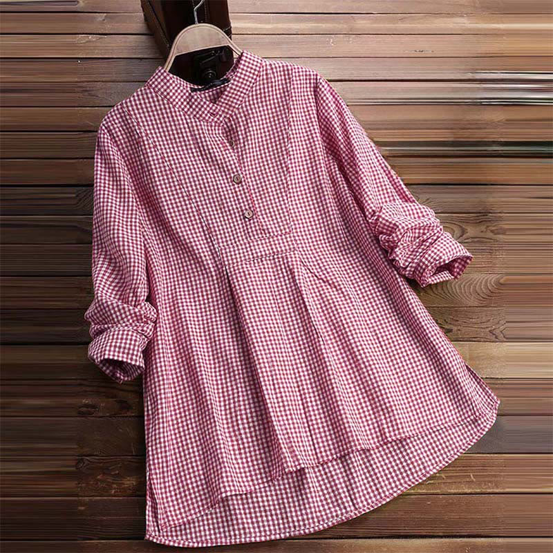 Buddha Stones Damesblouse met Lange mouw en knoopsluiting en ruitpatroon - image 0