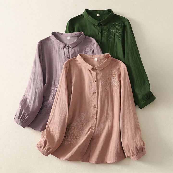 Buddha Stones Damesblouse met Lange mouw, geborduurd met Reverskraag - image 0