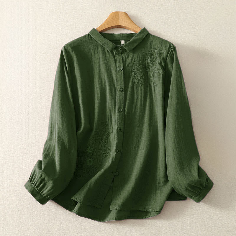 Buddha Stones Damesblouse met Lange mouw, geborduurd met Reverskraag - Donkergroen - US8-10，UK/AU12-14，EU40-42 (2XL) - image 1