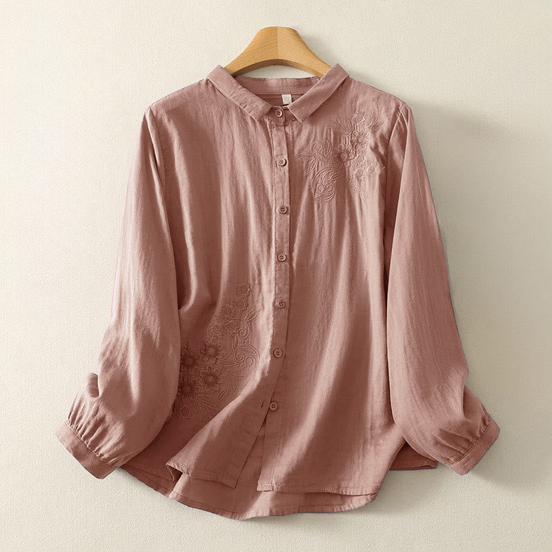 Buddha Stones Damesblouse met Lange mouw, geborduurd met Reverskraag - Donkere zalm - US8-10，UK/AU12-14，EU40-42 (2XL) - image 7