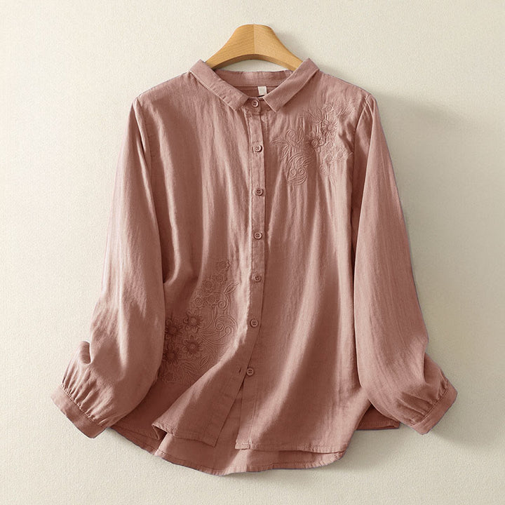 Buddha Stones Damesblouse met Lange mouw, geborduurd met Reverskraag - Donkere zalm - US8-10，UK/AU12-14，EU40-42 (2XL) - image 7