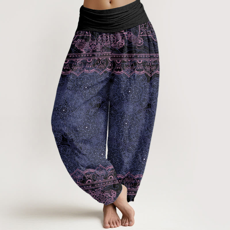 Buddha Stones Elegante katoenen harembroek met mandala-bloemendesign en elastische Taille voor dames - Middelpaars - US22, UK/AU26, EU54 (6XL) - image 4