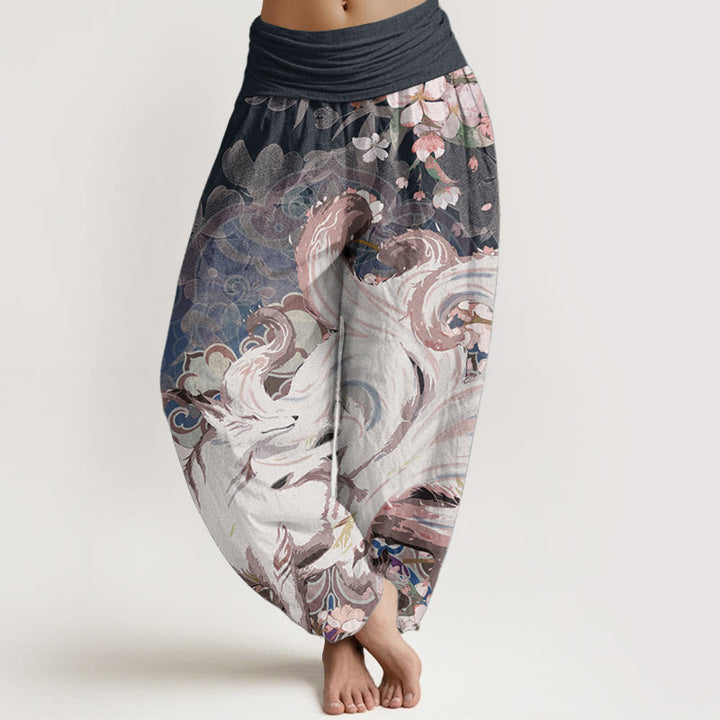 Buddha Stones Dames harembroek met elastische Taille en print van Cotton Fox Cherry Blossoms - Middernachtblauw - US22, UK/AU26, EU54 (6XL) - image 0