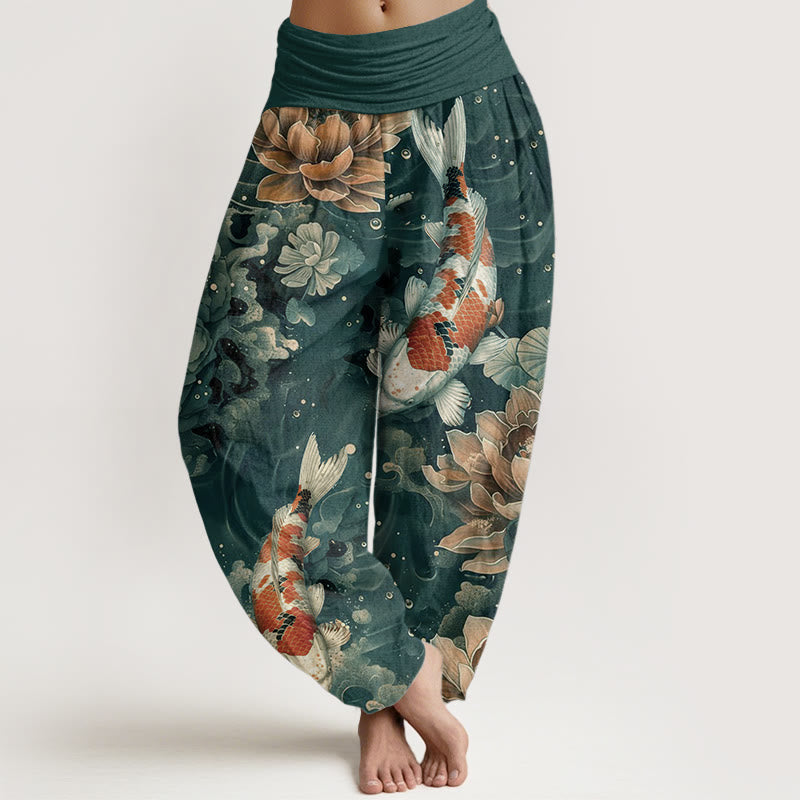 Buddha Stones Katoenen damesharembroek met elastische Taille en kleurrijk ontwerp van koivissen en lotusbloemen. - Lichtzeegroen - US22, UK/AU26, EU54 (6XL) - image 0