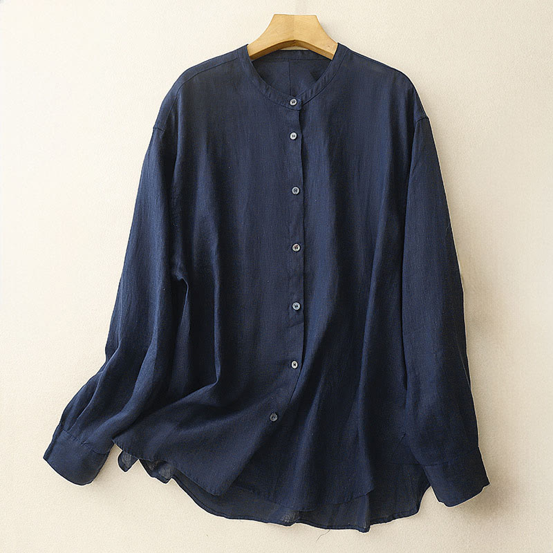 Ronde hals met Lange mouw , design en knoopjes, in effen kleur met Buddha Stones. - Middernachtblauw - US8-10，UK/AU12-14，EU40-42 (2XL) - image 0