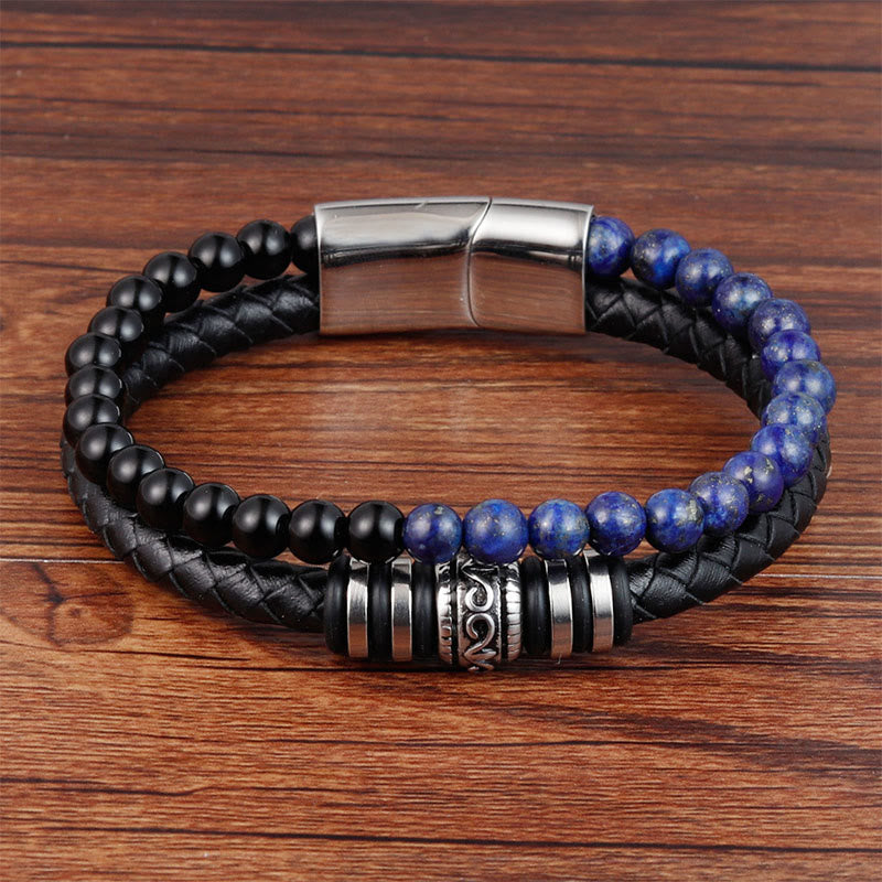 Buddha Stones Zwarte onyx, lazuriet, lapis lazuli, titaniumstaal, Armband van leer - Zwarte onyx lazuriet (Polsomtrek: 18-19 cm) - image 0
