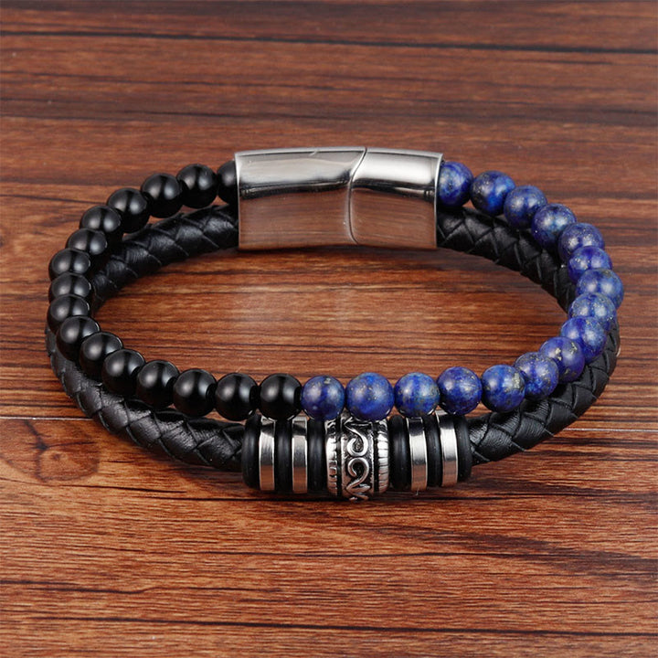 Buddha Stones Zwarte onyx, lazuriet, lapis lazuli, titaniumstaal, Armband van leer - Zwarte onyx lazuriet (Polsomtrek: 18-19 cm) - image 0